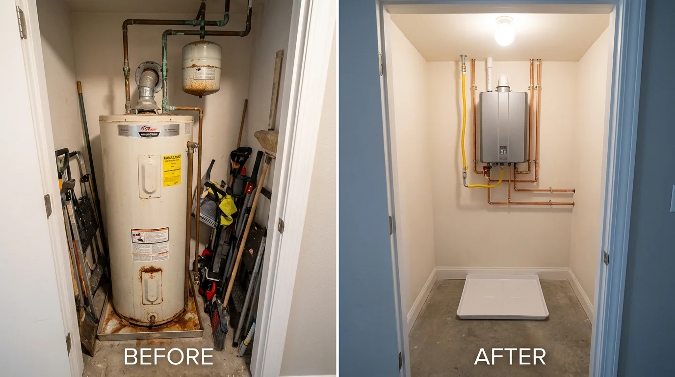 Tank water heater versus wall-mounted tankless unit comparison for Biddeford, ME homeowners